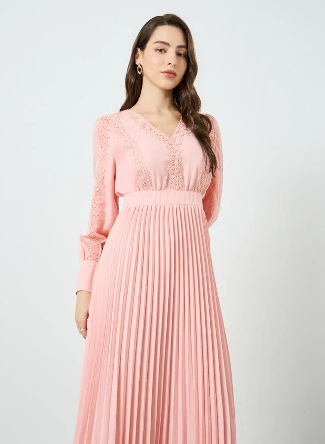 Take Two Women Lace Insert Pleated Midi Dress